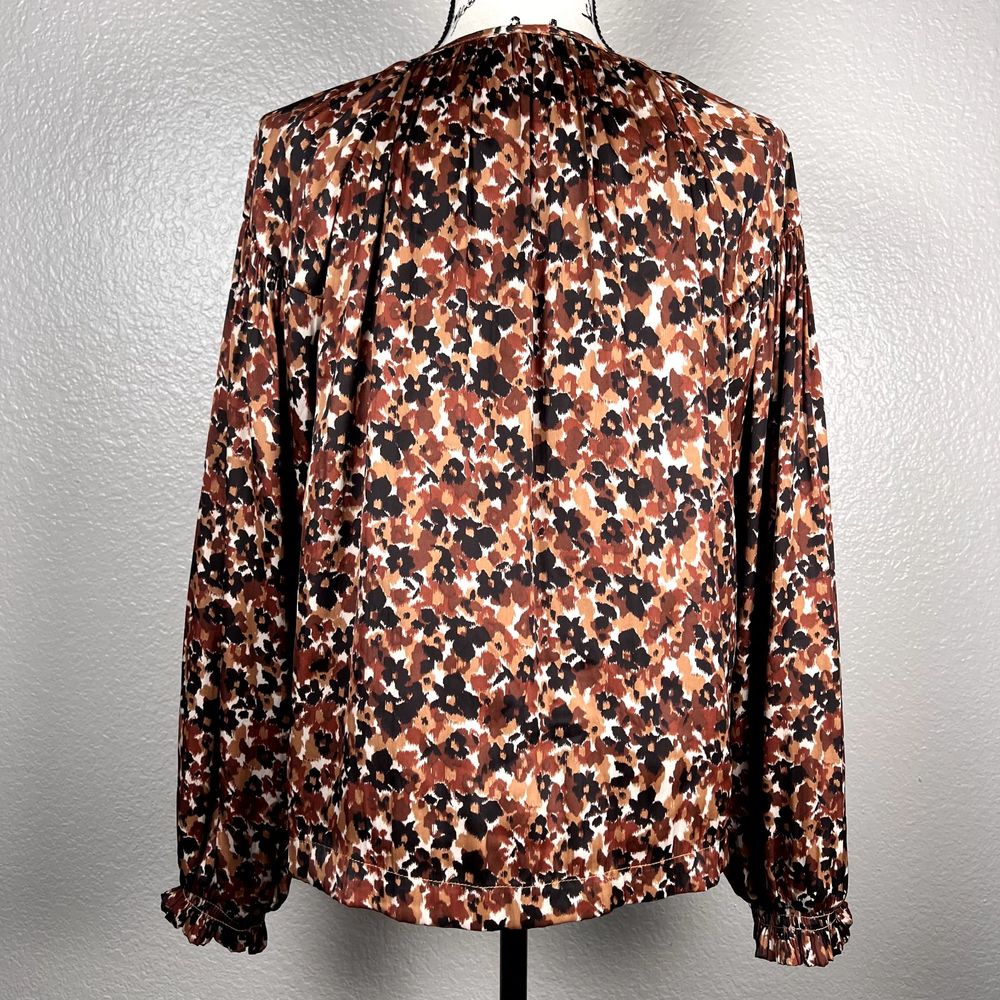 Gap Sz M Long Sleeve Button Down Blouse Tie Neck Brown Print Elastic Wrist - Picture 3 of 13